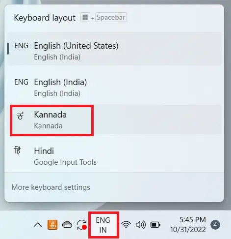 Enable Kannada Inscript keyboard windows 11